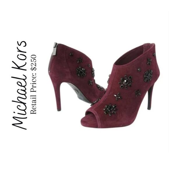 Michael Kors Suede Rhinestone Trim Peep-toe Heel Boots/Booties - Picture 1 of 8